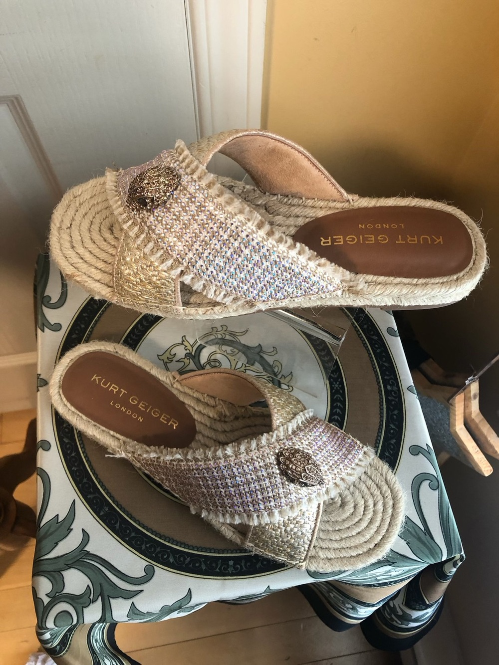NWOT Kurt Geiger Metallic Beige Espadrille Slide Sandals